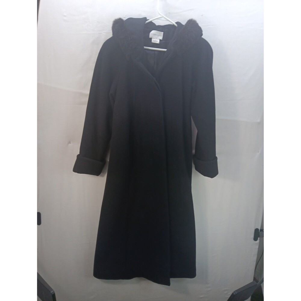 Worthington Womens Size 12 Black Wool Blend Long Hooded Coat Faux Fur Trim